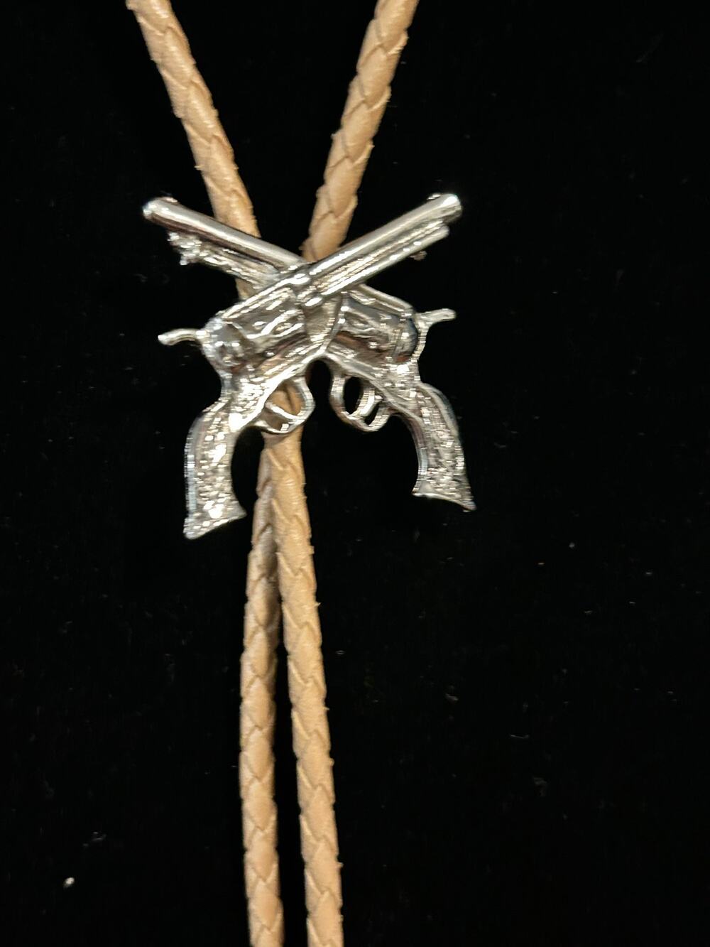 Vintage Silver Tone Crossed Guns Western Bolo Tie 36 Long Cowboy Unisex